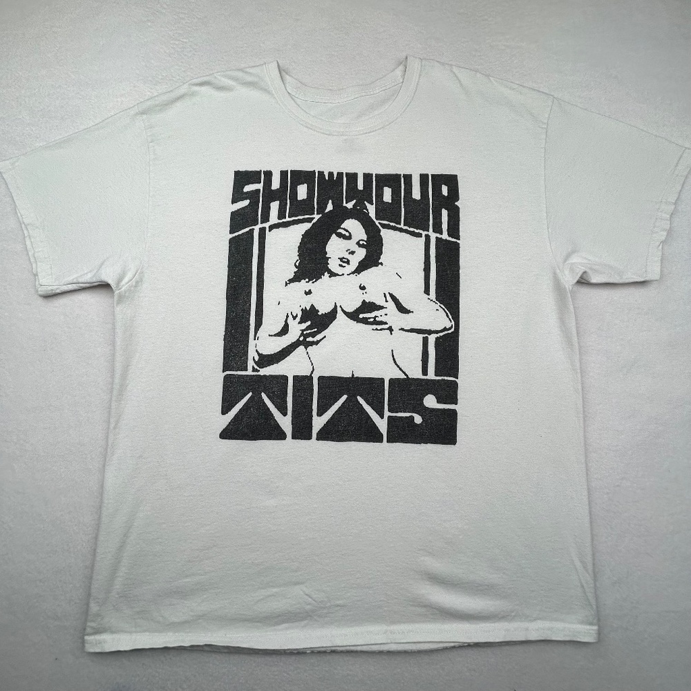 Hanes men’s Custom XL Graphic T-shirt with text reading ‘SHOW ME YOUR *ITS’ Punk